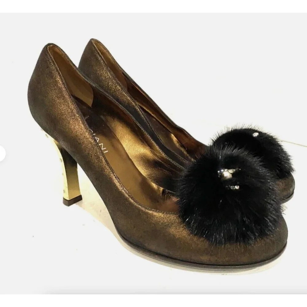Mariani Studio Bronze Metallic Pumps Womens 7.5 Mink Fur Pom Accent Heels Shoes